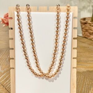 Amber Glass Beaded Necklace 40” Long Double Strand Layered Statement